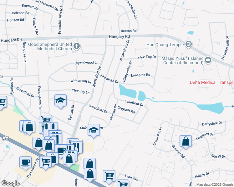 map of restaurants, bars, coffee shops, grocery stores, and more near 4103 North Lakefront Drive in Richmond