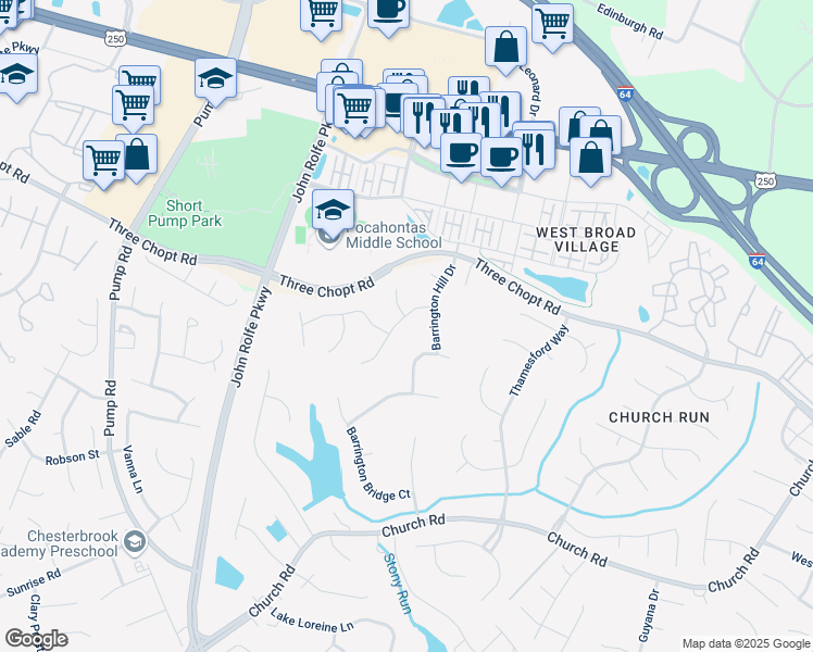 map of restaurants, bars, coffee shops, grocery stores, and more near 3829 Indigo Run Drive in Henrico