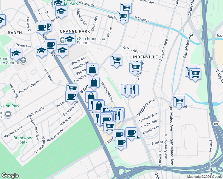 map of restaurants, bars, coffee shops, grocery stores, and more near 1475 Huntington Avenue in South San Francisco