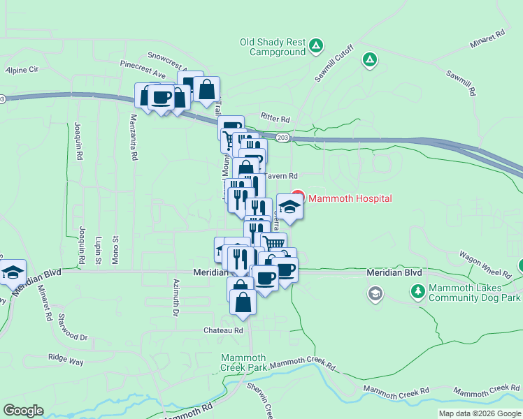 map of restaurants, bars, coffee shops, grocery stores, and more near 248 Old Mammoth Rd in Mammoth Lakes