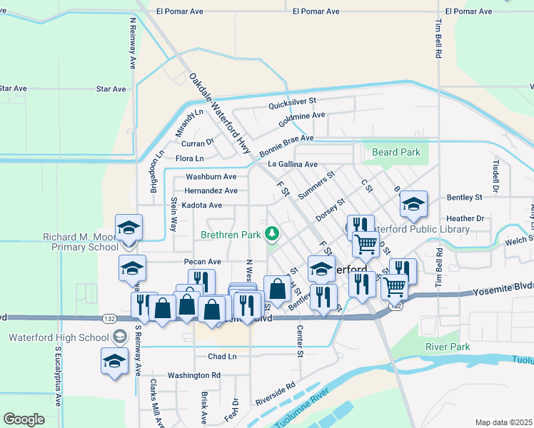 map of restaurants, bars, coffee shops, grocery stores, and more near 405 Church Street in Waterford