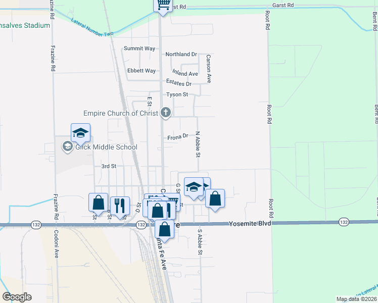 map of restaurants, bars, coffee shops, grocery stores, and more near 313 North Abbie Street in Modesto