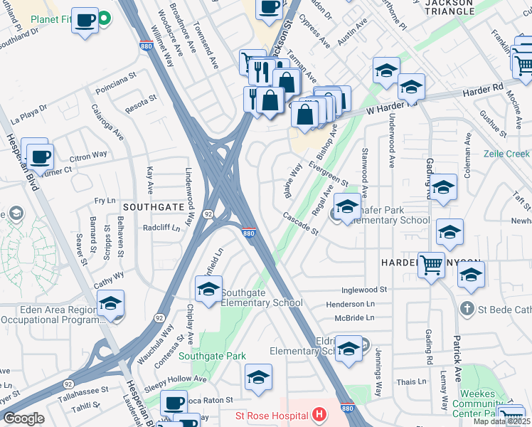 map of restaurants, bars, coffee shops, grocery stores, and more near 26192 Eldridge Avenue in Hayward