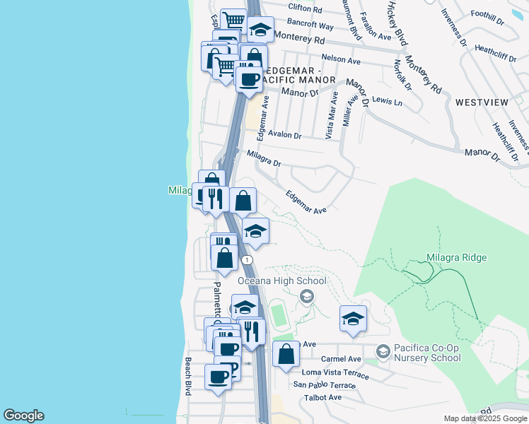 map of restaurants, bars, coffee shops, grocery stores, and more near 70 Oceana Boulevard in Pacifica