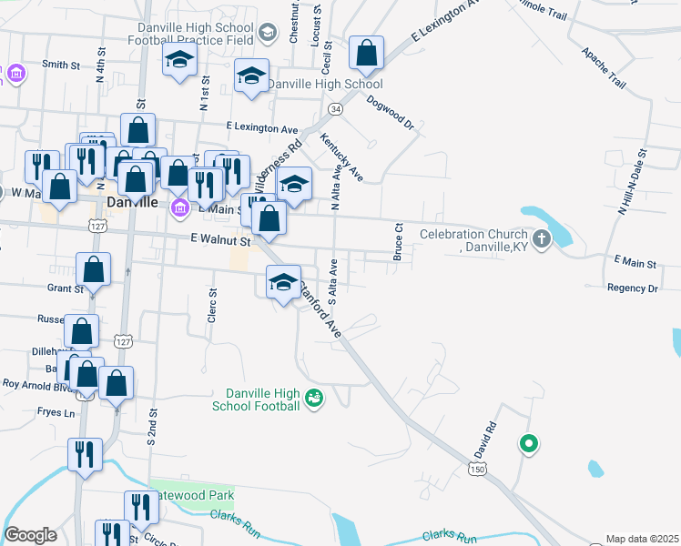 map of restaurants, bars, coffee shops, grocery stores, and more near 534 Adams Street in Danville