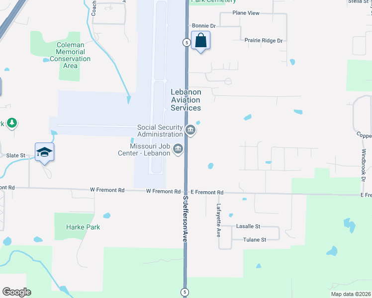 map of restaurants, bars, coffee shops, grocery stores, and more near 2700 South Jefferson Avenue in Lebanon