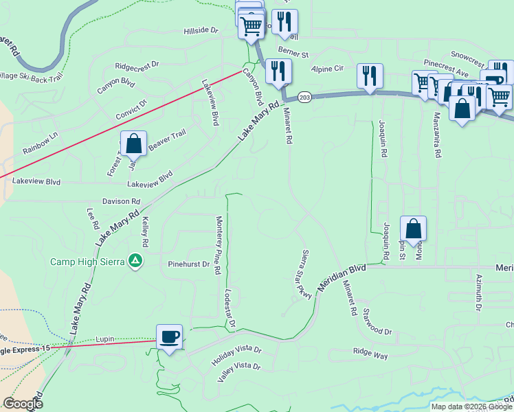 map of restaurants, bars, coffee shops, grocery stores, and more near 2031 West Bear Lake Drive in Mammoth Lakes