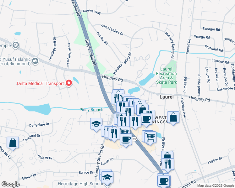 map of restaurants, bars, coffee shops, grocery stores, and more near 8002 Grassmount Court in Richmond