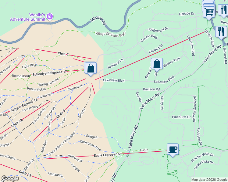 map of restaurants, bars, coffee shops, grocery stores, and more near 382 John Muir Rd in Mammoth Lakes