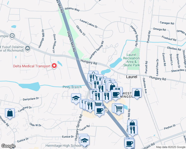 map of restaurants, bars, coffee shops, grocery stores, and more near 8000 Grassmount Court in Richmond