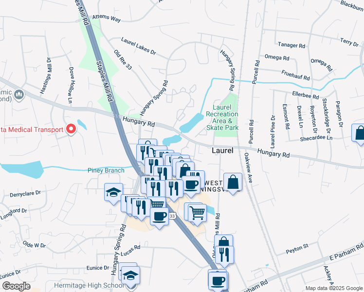 map of restaurants, bars, coffee shops, grocery stores, and more near 9326 Silverbush Drive in Richmond