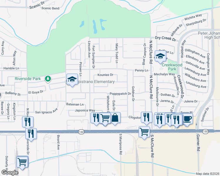 map of restaurants, bars, coffee shops, grocery stores, and more near 324 Whitehorn Drive in Modesto