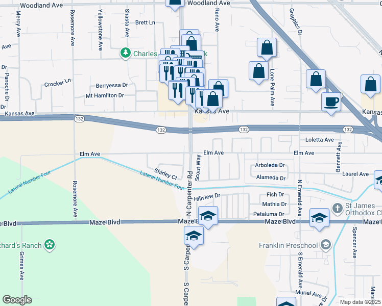 map of restaurants, bars, coffee shops, grocery stores, and more near North Carpenter Road & Elm Avenue in Stanislaus County