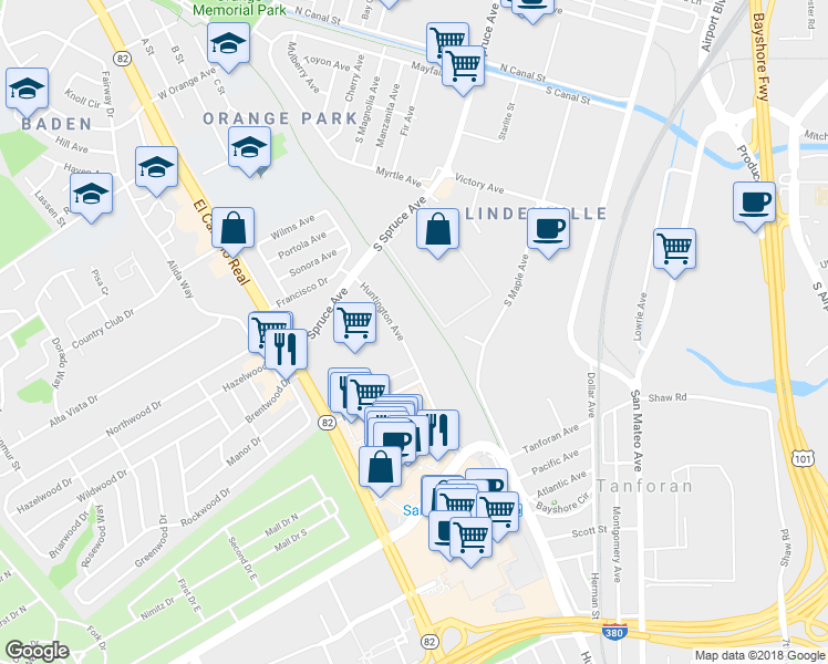 map of restaurants, bars, coffee shops, grocery stores, and more near 1475 Huntington Avenue in South San Francisco