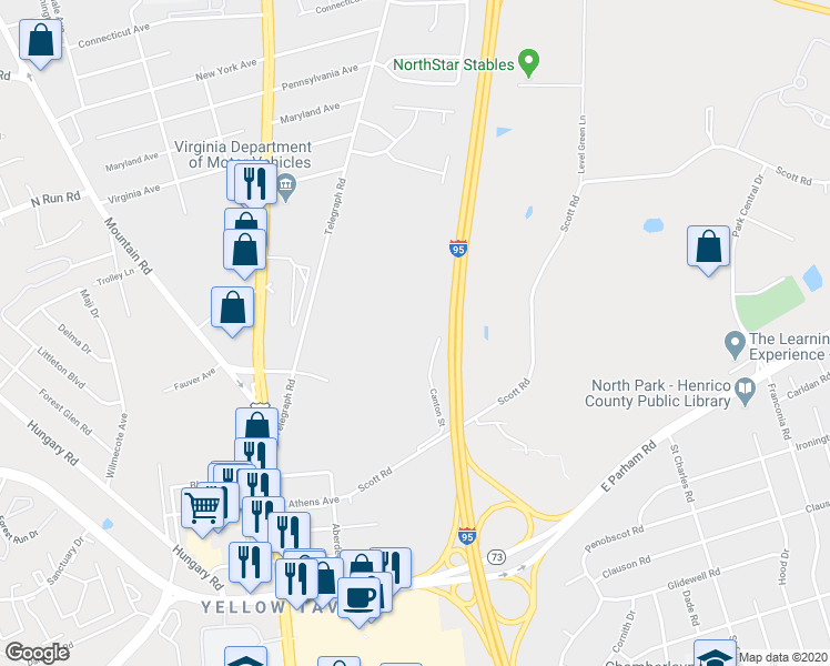 map of restaurants, bars, coffee shops, grocery stores, and more near 950 Scott Road in Richmond