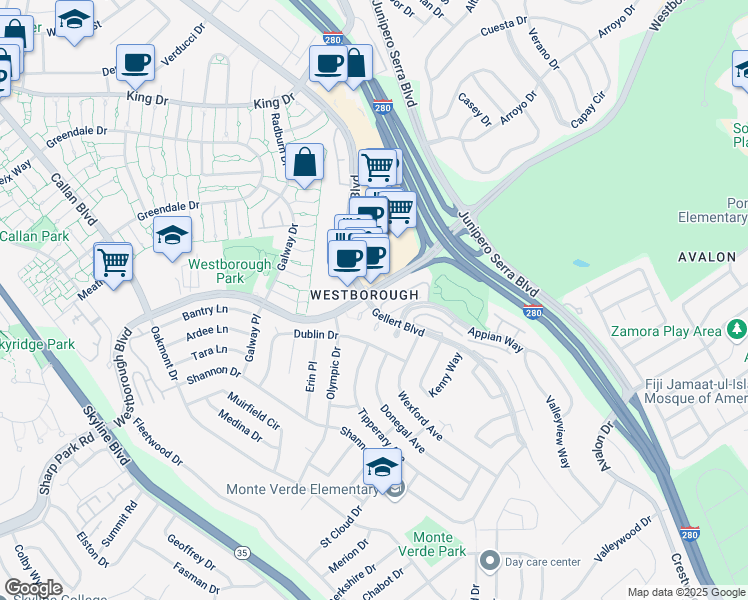 map of restaurants, bars, coffee shops, grocery stores, and more near 2296 Westborough Boulevard in South San Francisco
