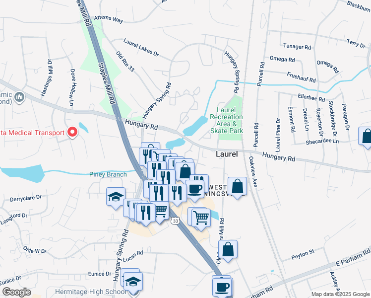 map of restaurants, bars, coffee shops, grocery stores, and more near 9326 Silverbush Drive in Richmond