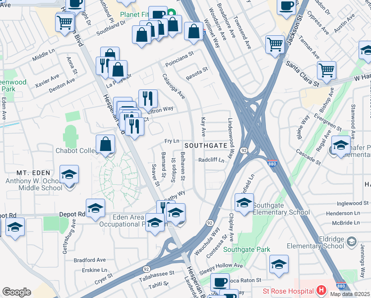 map of restaurants, bars, coffee shops, grocery stores, and more near 25480 Belhaven Street in Hayward