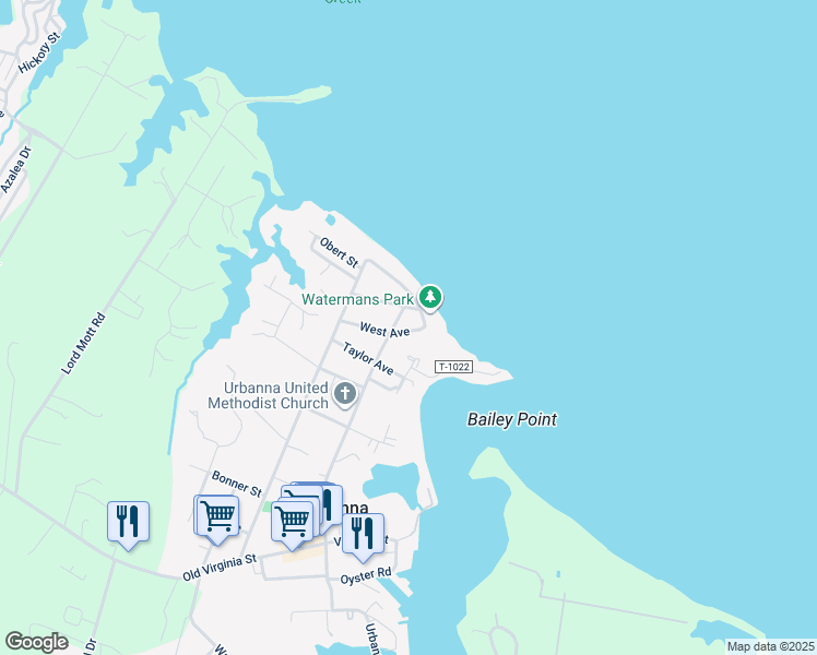 map of restaurants, bars, coffee shops, grocery stores, and more near 151 West Avenue in Urbanna