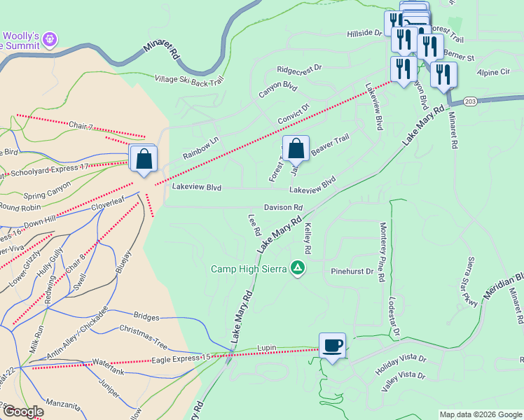 map of restaurants, bars, coffee shops, grocery stores, and more near 435 Lakeview Boulevard in Mammoth Lakes