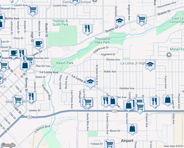 map of restaurants, bars, coffee shops, grocery stores, and more near 403 Wilson Avenue in Modesto