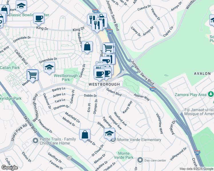 map of restaurants, bars, coffee shops, grocery stores, and more near 2296 Westborough Boulevard in South San Francisco