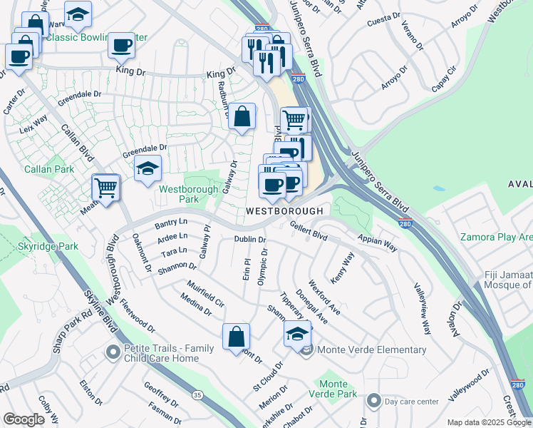 map of restaurants, bars, coffee shops, grocery stores, and more near 2298 Gellert Boulevard in South San Francisco