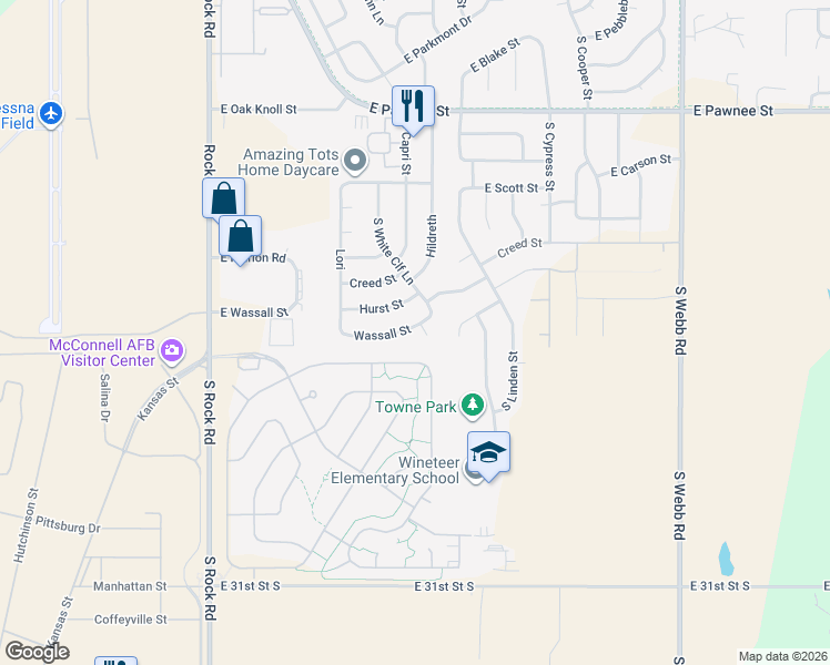 map of restaurants, bars, coffee shops, grocery stores, and more near 2726-2798 White Cliff Ln in Wichita