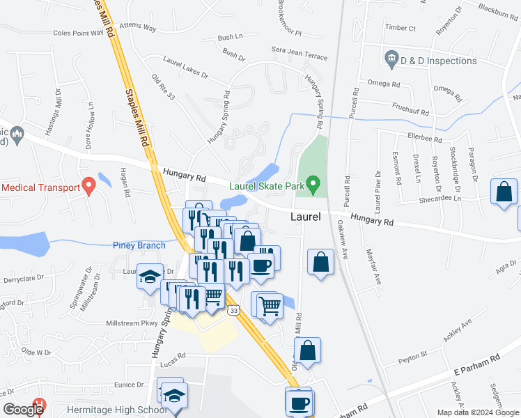 map of restaurants, bars, coffee shops, grocery stores, and more near 3008 Silverbush Court in Richmond