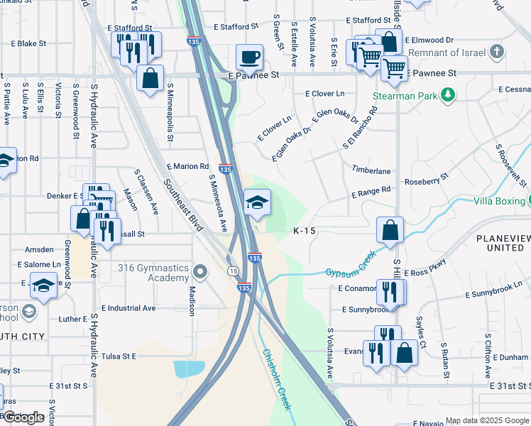 map of restaurants, bars, coffee shops, grocery stores, and more near 2400 East Wassall Street in Wichita