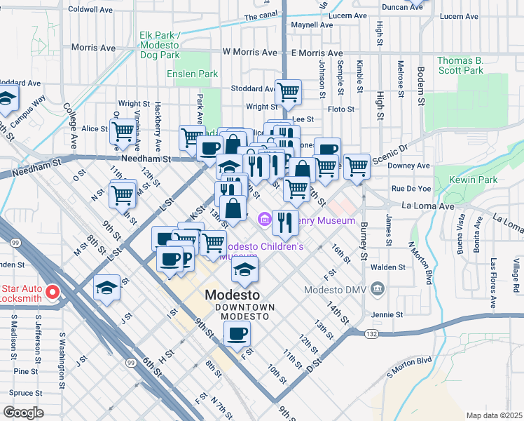 map of restaurants, bars, coffee shops, grocery stores, and more near in Modesto