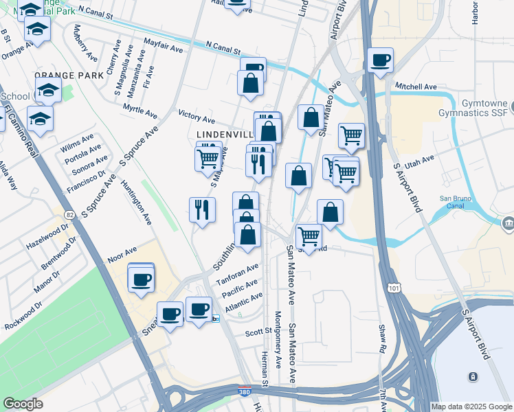 map of restaurants, bars, coffee shops, grocery stores, and more near 137 South Linden Avenue in South San Francisco