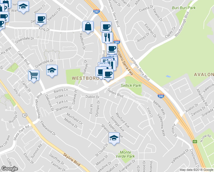 map of restaurants, bars, coffee shops, grocery stores, and more near 2301 Gellert Boulevard in South San Francisco