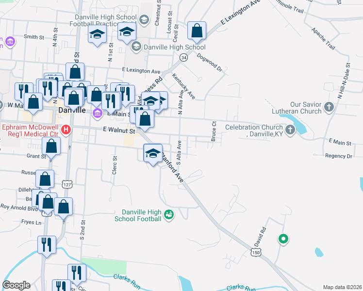 map of restaurants, bars, coffee shops, grocery stores, and more near 406 East Walnut Street in Danville