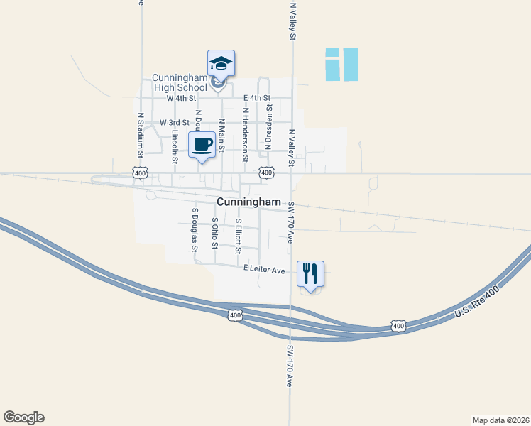 map of restaurants, bars, coffee shops, grocery stores, and more near East Santa Fe Street in Cunningham