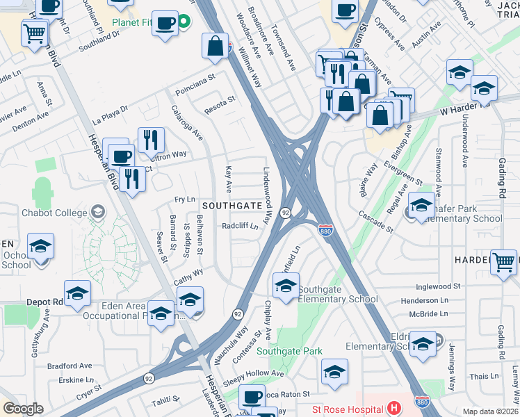 map of restaurants, bars, coffee shops, grocery stores, and more near 25362 Lindenwood Way in Hayward