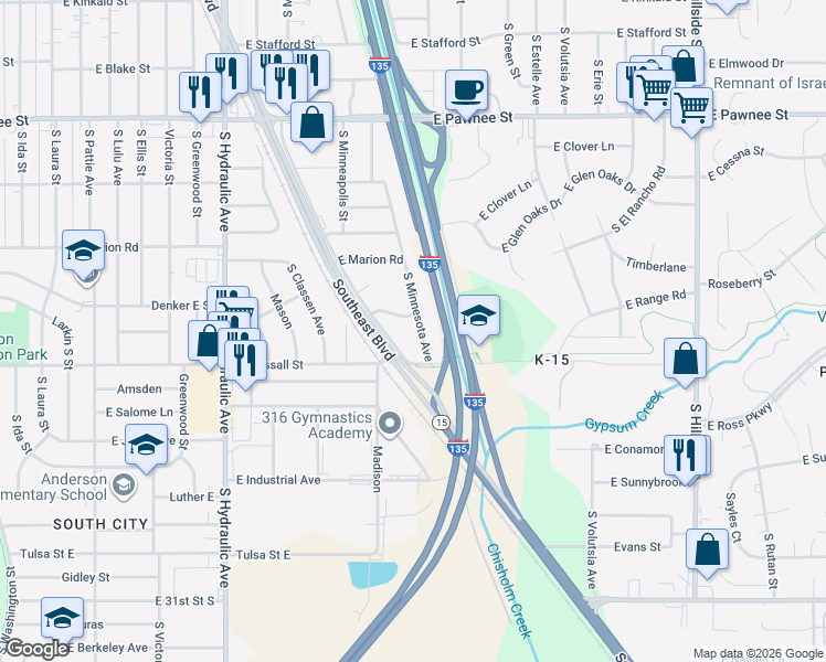 map of restaurants, bars, coffee shops, grocery stores, and more near 2668 South Minnesota Avenue in Wichita