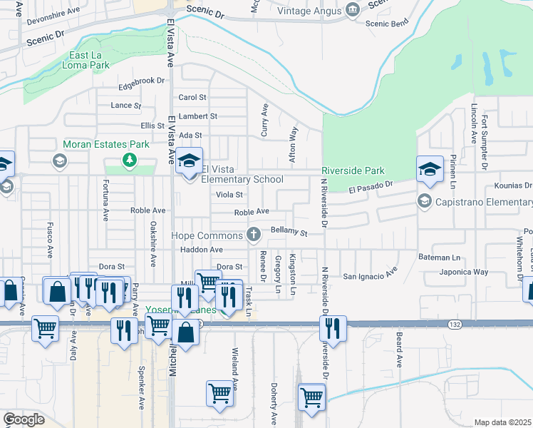 map of restaurants, bars, coffee shops, grocery stores, and more near 2416 Roble Avenue in Modesto
