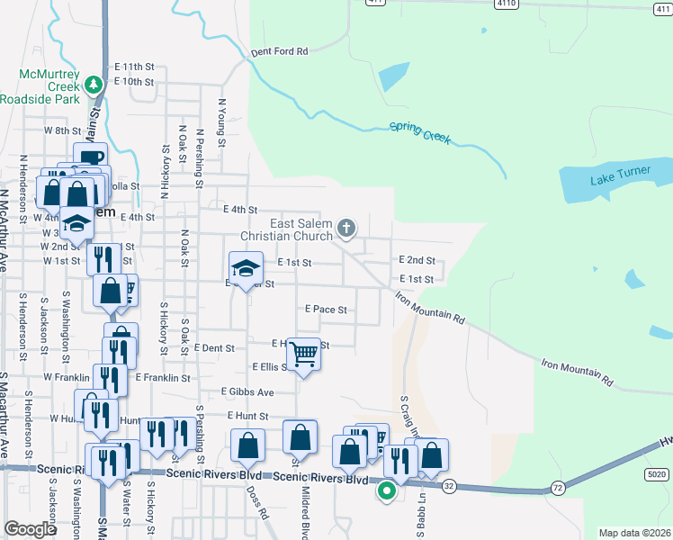 map of restaurants, bars, coffee shops, grocery stores, and more near 1105 Iron Mountain Road in Salem