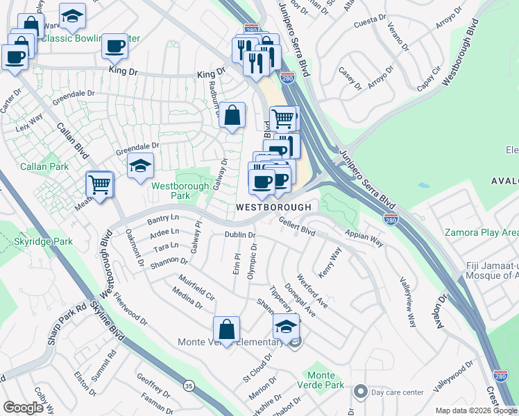 map of restaurants, bars, coffee shops, grocery stores, and more near 2280 Gellert Boulevard in South San Francisco