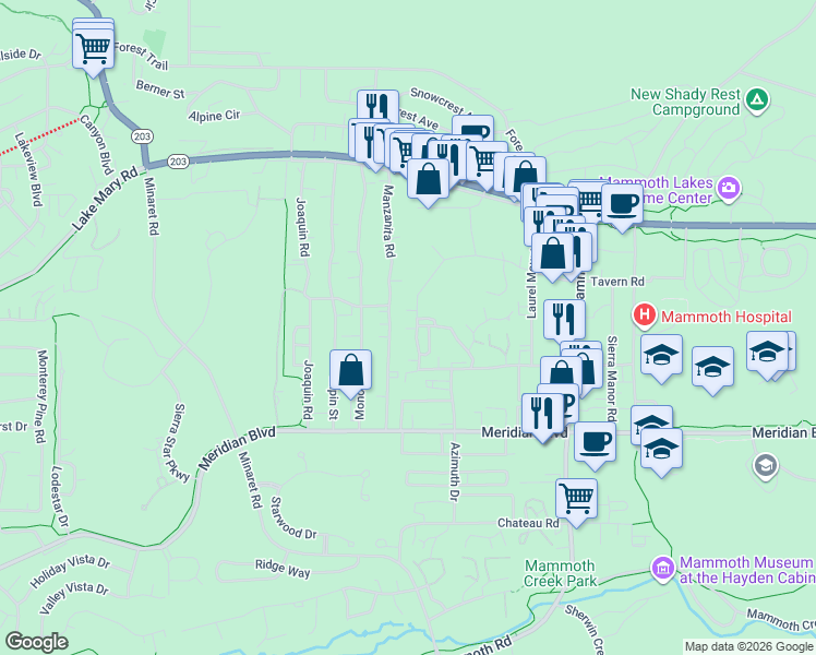 map of restaurants, bars, coffee shops, grocery stores, and more near 283 Chaparral Road in Mammoth Lakes