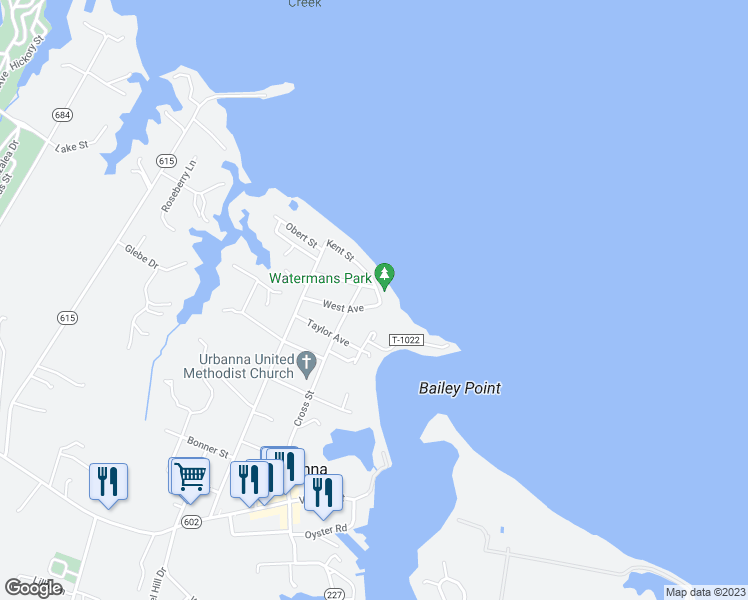 map of restaurants, bars, coffee shops, grocery stores, and more near 180 Kent Street in Urbanna