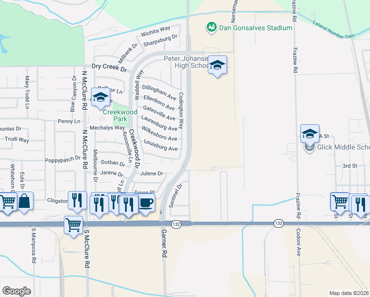 map of restaurants, bars, coffee shops, grocery stores, and more near 440 Codington Way in Modesto