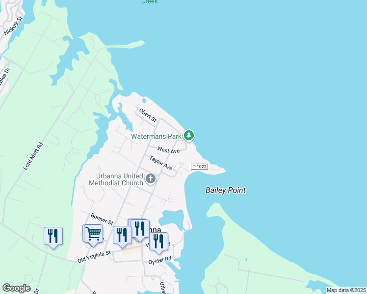 map of restaurants, bars, coffee shops, grocery stores, and more near 180 Kent Street in Urbanna