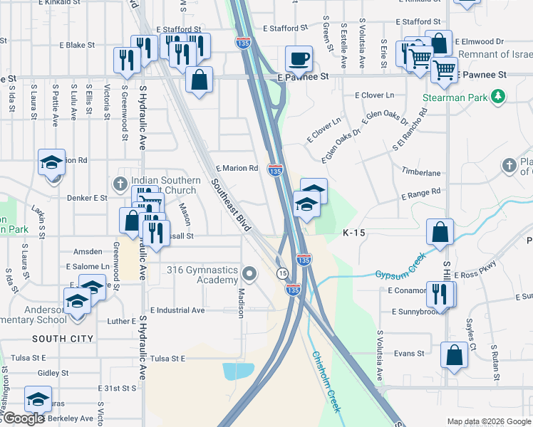 map of restaurants, bars, coffee shops, grocery stores, and more near 2668 South Minnesota Avenue in Wichita