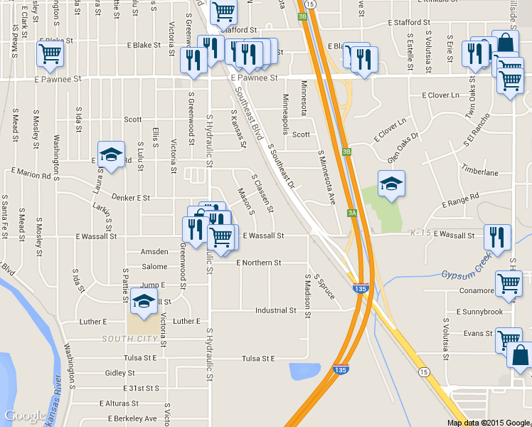 map of restaurants, bars, coffee shops, grocery stores, and more near 2711 South Classen Street in Wichita