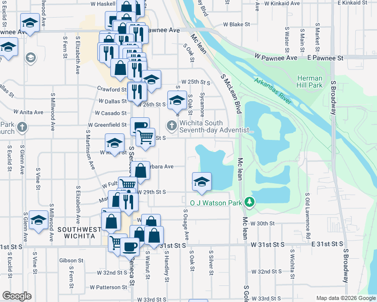 map of restaurants, bars, coffee shops, grocery stores, and more near 819 West 27th Street South in Wichita