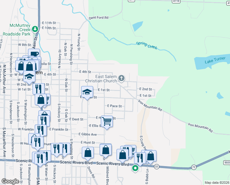 map of restaurants, bars, coffee shops, grocery stores, and more near 1000 East 1st Street in Salem
