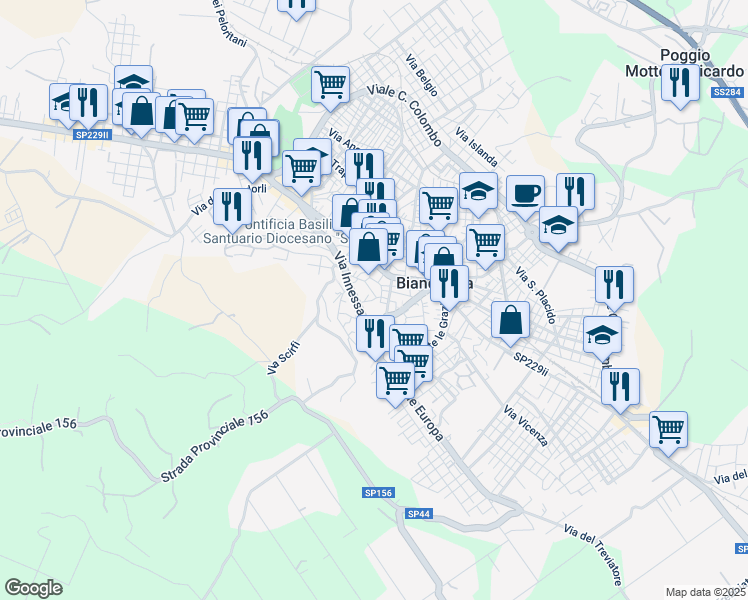 map of restaurants, bars, coffee shops, grocery stores, and more near 18 Via Piccione in Biancavilla