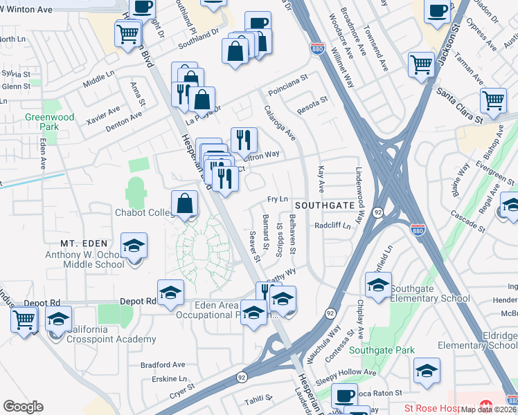 map of restaurants, bars, coffee shops, grocery stores, and more near 1500 Fry Lane in Hayward